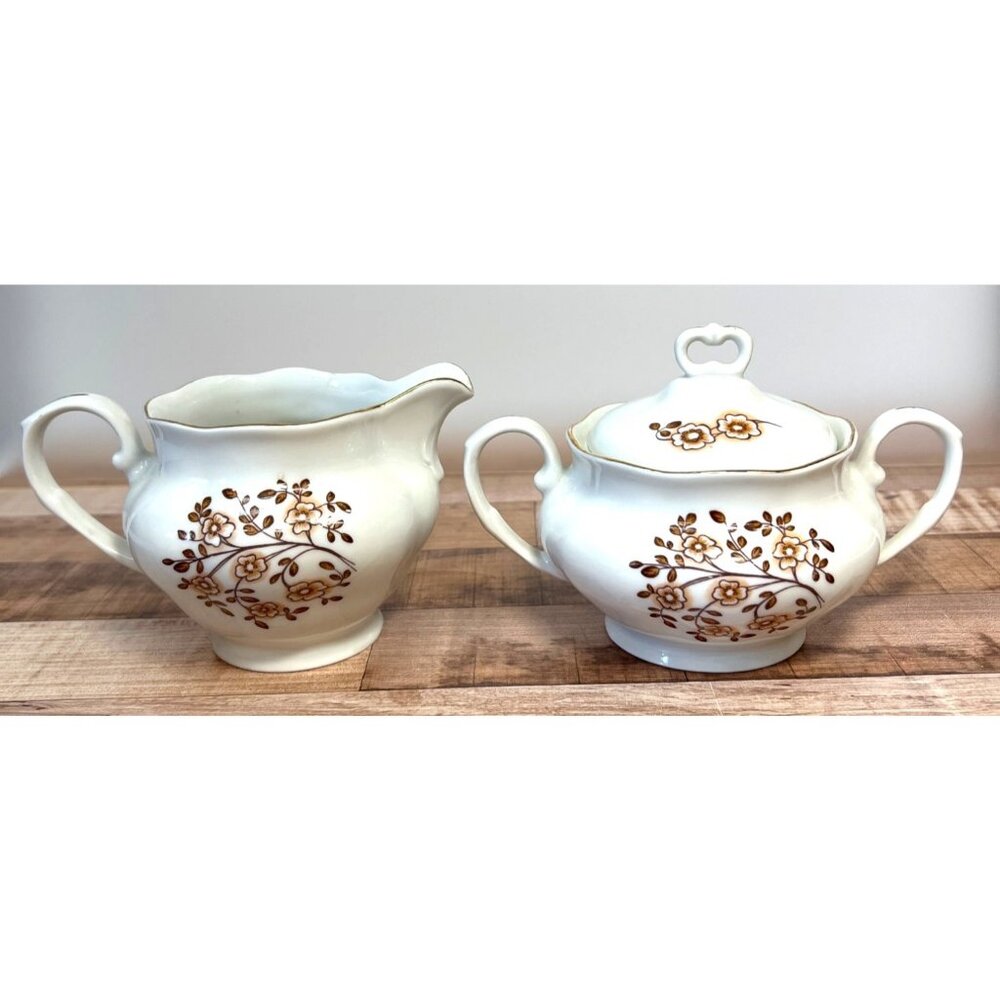 Vintage St. Tallec Polish Porcelain Sugar Bowl & Creamer Set Floral Design Gold